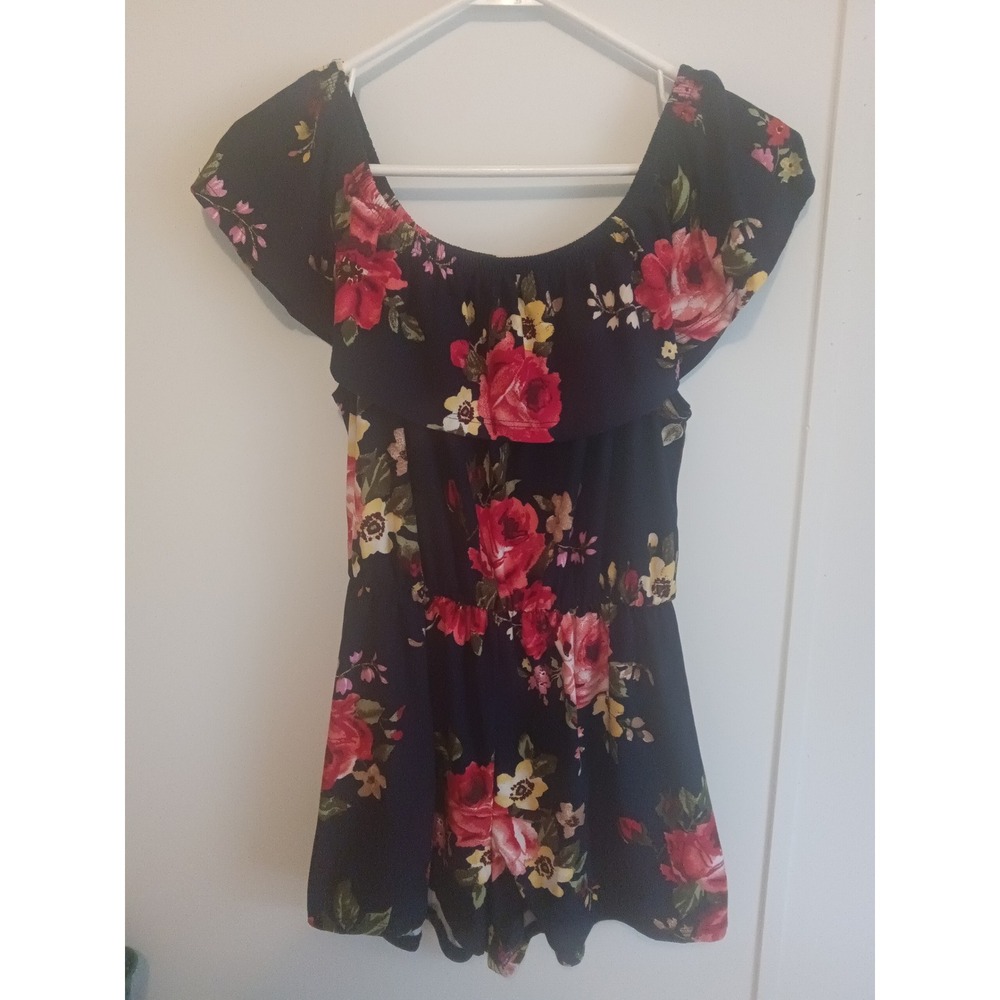 Navy Blue Floral Ruffle Off The Shoulder Romper Summer Short Jumpsuit Womens